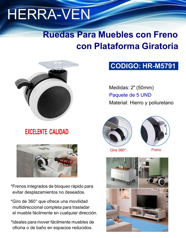 RUEDAS PARA MUEBLES CON FRENO CON PLATAFORMA GIRATORIA 2"