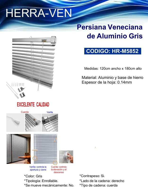 PERSIANA VENECIANA DE ALUMINIO GRIS 120CM X 180CM