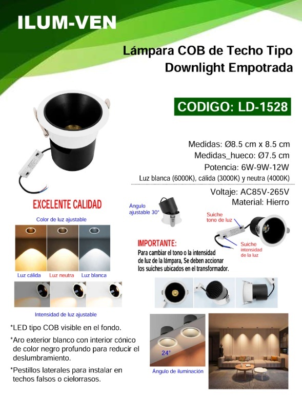 LAMPARA COB DE TECHO TIPO DOWNLIGHT NEGRO EMPOTRADA 3" - 3 TONOS 85-265V