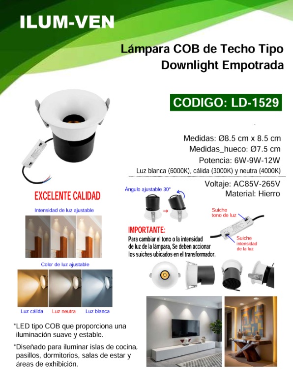 LAMPARA COB DE TECHO TIPO DOWNLIGHT BLANCO EMPOTRADA 3" - 3 TONOS 85-265V