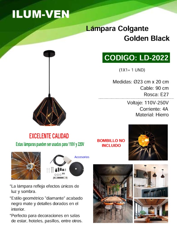 LAMP COLG GOLDEN BLACK - E27 4AMP - 23X20CM - HIERRO