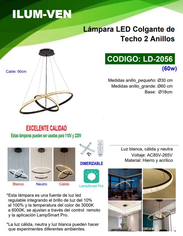 LAMPARA COLGANTE TECHO LED 2 ANILOS (60W)