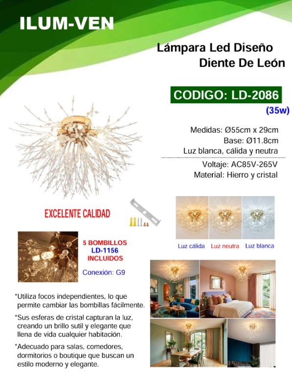 LAMPARA LED DE TECHO DISEÑO DIENTE DE LEON 3 TONOS 85-265V 5 BOMB INCL G9