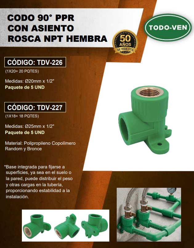 CODO 90° C/ ASIENTO ADAPT PPR - 20MM X 1/2 NPT HEMBRA - UND