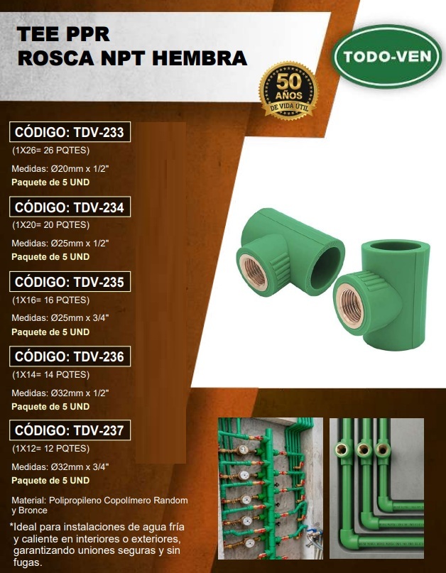 TEE ADAPT PPR - 25MM X 3/4 NPT HEMBRA - UND